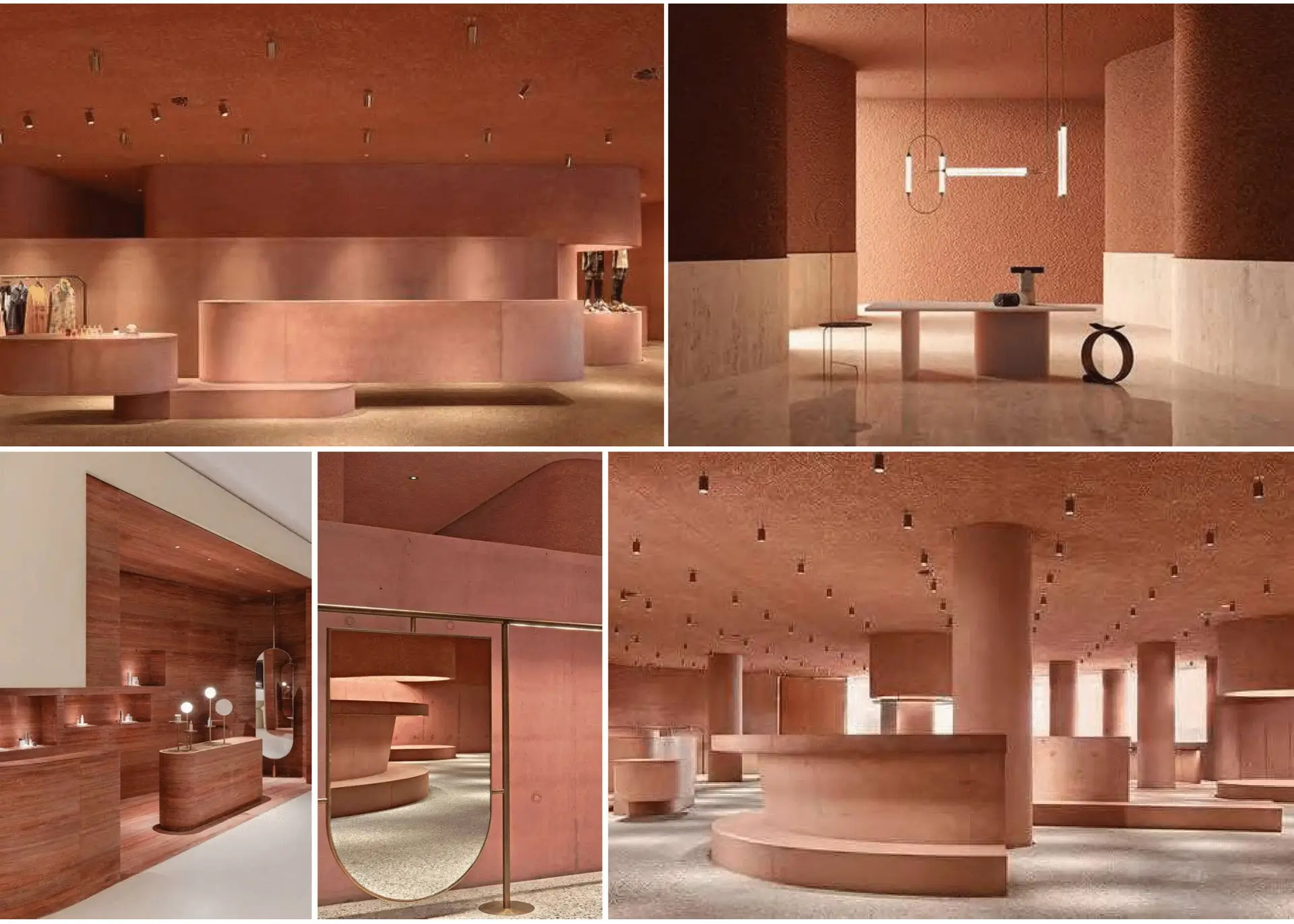 Contemporary commercial interior featuring warm pink tones, minimalist furniture and curved architectural elements.